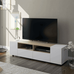Dmora - Topeka TV-Ständer, Fernseh-Sideboard für das Wohnzimmer, moderner TV-Ständer, niedriges Mehrzweck-Sideboard, 138 x 42 x 36 cm, Weiß und Eiche 400 Angebot bei HelloDeals