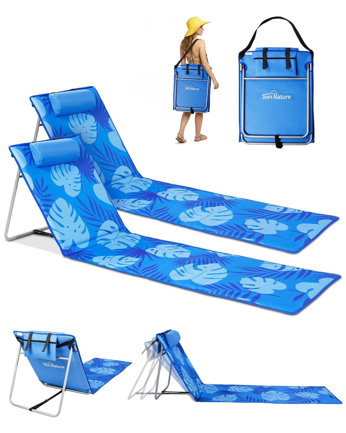 Strandmatte, XXL Liegematte Strand Faltbar 186 x 53cm, Strandtuch mit Verstellbarer Rückenlehne, Leicht Sonnenmatte Gepolstert für Outdoor, Freibad Pool Blau 2 Angebot bei HelloDeals