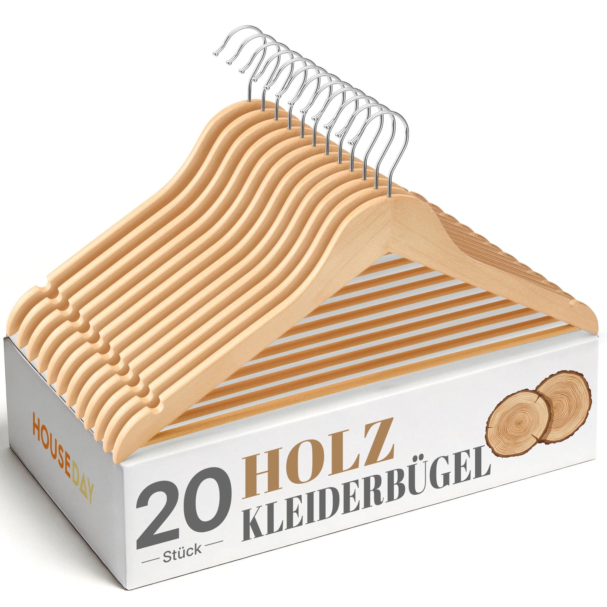HOUSE DAY Kleiderbügel Holz 20 Stück, Holzkleiderbügel Natur mit 360° drehbarem Haken & Antirutsch-Kerben, Stabile Holzbügel für Jacken, Hemden & Mäntel - Kleideraufbewahrung & Organisation Natur 20 Stück Angebot bei HelloDeals