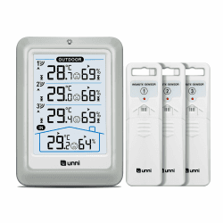 Thermometer für den Innen- und Außenbereich, kabellos, 11,4 cm Display, digitales Hygrometer, Thermometer, Temperaturfeuchtigkeitsmonitor mit 100 m Reichweitensensor und einstellbarer Weiß+Grau 1*Station+3*Außensensor Angebot bei HelloDeals