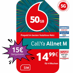 Vodafone Prepaid CallYa M | 50 GB | 15 EUR Guthaben | ohne Vertrag | 5G | Allnet Flat | EU-Roaming | weltweit nutzbar 1 Monat Angebot bei HelloDeals