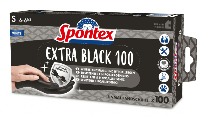 Spontex Extra Black Einmalhandschuhe aus Vinyl, ungepudert und latexfrei, vielseitig einsetzbar, in praktischer Spenderbox, Größe S, 100er Pack, schwarz Extra Black S Angebot bei HelloDeals