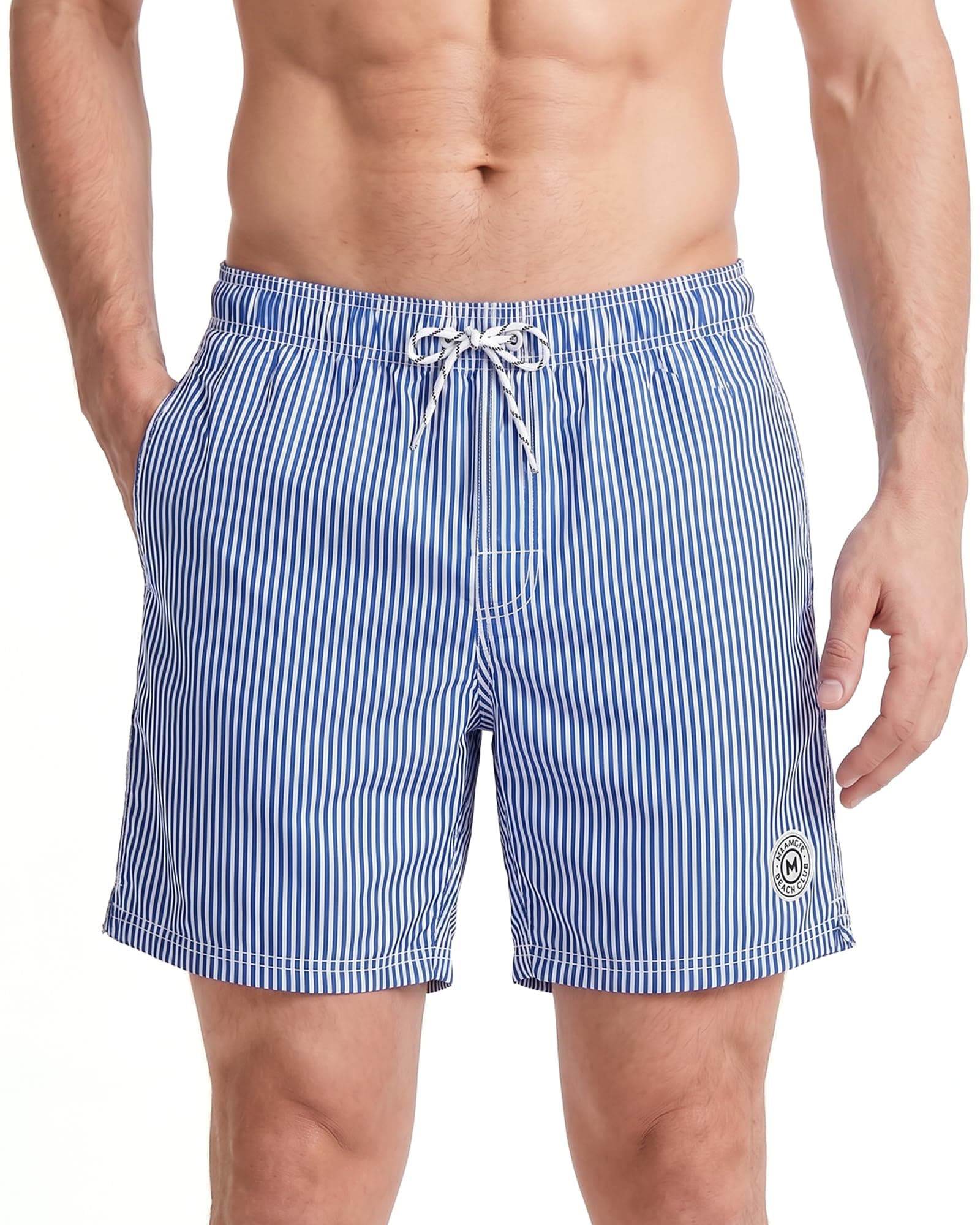 maamgic Badehose Herren Badeshorts Männer 18cm Innenlänge Badehosen Für Herren Schnelltrocknend Boardshorts Surfen Strandhose Mit Mesh-Futter Blau Gestreift Klassisch L Angebot bei HelloDeals