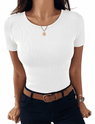 Aottori Damen T-Shirt Rundhals Sommer Oberteile Kurzarm Gerippt Basic Tee Shirts Elegant Slim Fit Tshirt Stretch Casual Tops Einfarbig Weiß XL Angebot bei HelloDeals
