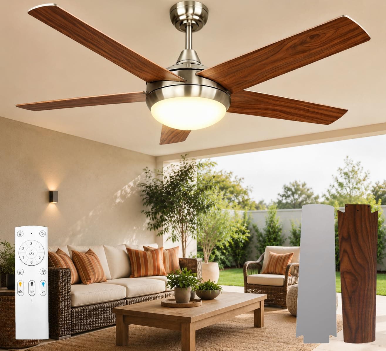 Deckenventilator mit Beleuchtung, Leiser DC-Ventilator 132cm mit Fernbedienung, Dimmbare Lampe 3000K-6500K, 5 Flügel, 6 Geschwindigkeiten, Timer, für Schlafzimmer, Esszimmer, Wohnzimmer, Küche, Büro Angebot bei HelloDeals