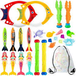Tauchspielzeug-Set: 24 Stück Pool Spielzeug mit Tauchringen, Meerjungfrauen, Toypedo Banditen, Tauchstöcken, Algenspielzeug und Edelsteinen für Kinder ab 5 Jahren, inkl. Tragetasche Angebot bei HelloDeals