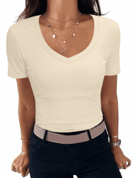 Aottori Damen T-Shirt V-Ausschnitt Elegant Oberteile Kurzarm Gerippt Basic Tee Shirts Slim Fit Tshirt Stretch Casual Sommer Tops Creme L Angebot bei HelloDeals