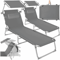 tectake 2er Set Sonnenliege - leicht und klappbar, leichte Liege für Camping und Garten, Perfekter Liegestuhl mit Dach, transportable und zusammenklappbar mit Griff Grau | Nr. 403414 Angebot bei HelloDeals