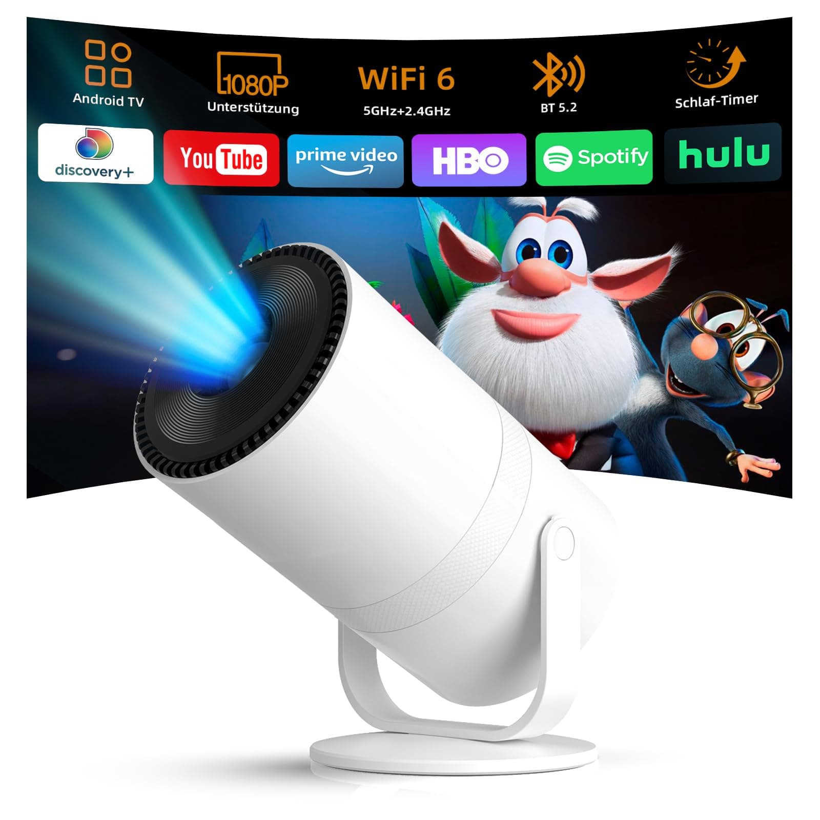 【Android 14 & integrierte Apps】 Tecaki Mini-Projektor mit WiFi 6 und Bluetooth 5.2, tragbarer Projektor 1080P, um 180° drehbar, mit automatischer Trapezkorrektur für das Schlafzimmer zu Hause Angebot bei HelloDeals