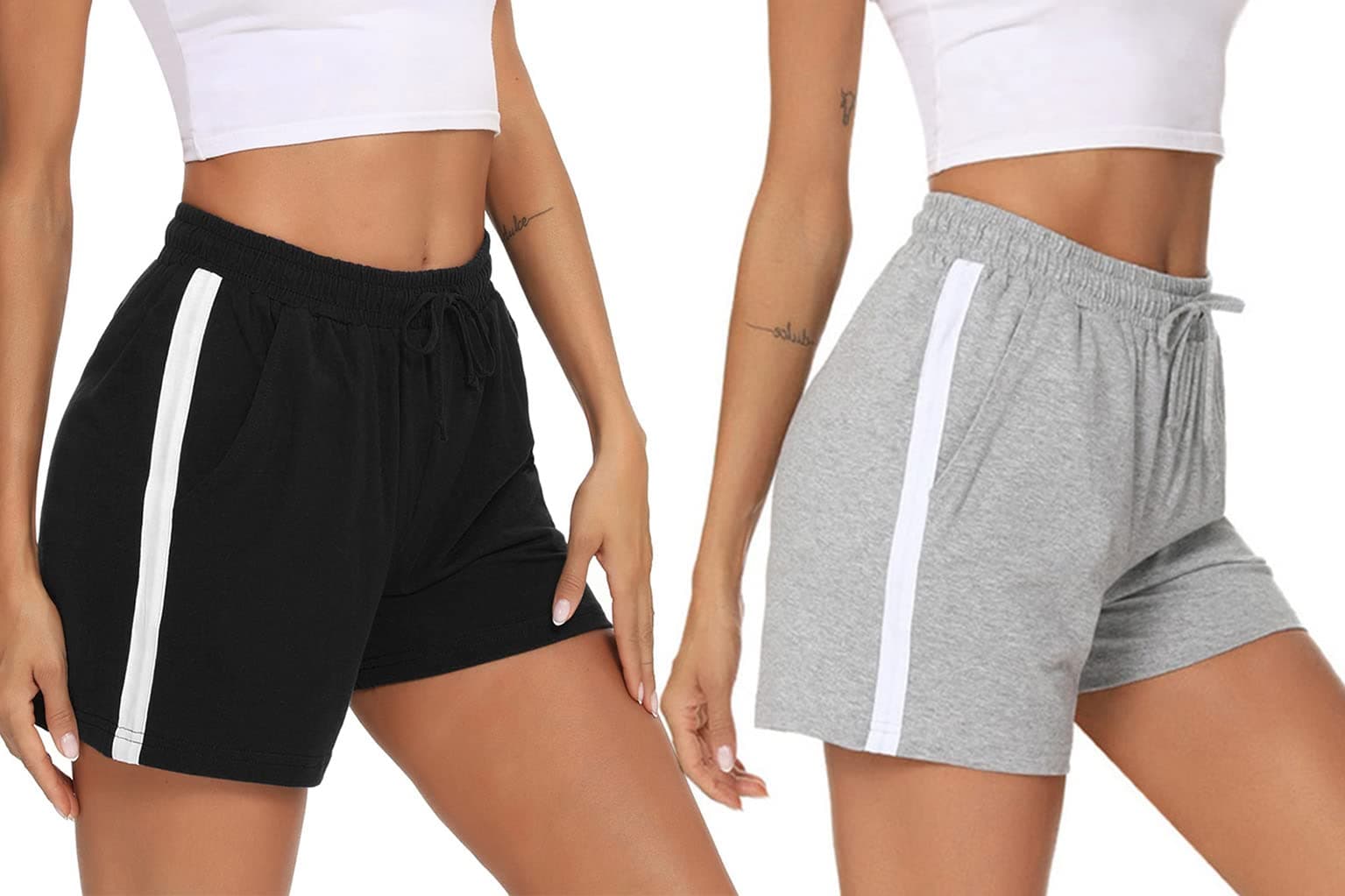 Litherday Damen-Lauf-Shorts, lässige Baumwolle, Sport, athletische Hose, Yoga, Fitnessstudio, Shorts, Trainingshose, Lounge-Sweathose, Kordelzug A-schwarz+hellgrau L Angebot bei HelloDeals