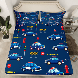 Cartoon Polizei Auto ‎Spannbettlaken, Polizist Fahrzeug Bettwäsche Sets Kinder Teens Zimmer Dekor, Stadtgebäude Automobil Bettlaken Modern Dunkelblau Tiefe Tasche Blatt, M Größe(1 Kissenbezug) Mehrfarbig 23 140x200+80x80x1 Angebot bei HelloDeals