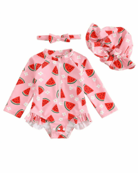 UV Badebekleidung Baby Neugeborene Badeanzug Mädchen Gr 62-98, Langarm UV Kleidung Baby UV Shirt Mit Hut & Stirnband, Kleinkinder UV Anzug Schwimmanzug Schutz Rote Wassermelone 3-6 Monate Angebot bei HelloDeals