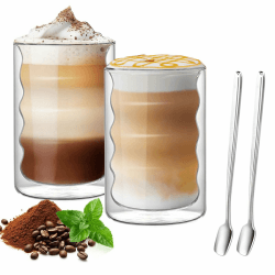 Latte Macchiato Bubble Gläser Set, 2 x 400ml Doppelwandige Bubble Kaffeegläser mit 2 Löffeln, cappuccino Thermogläser für Latte Macchiato, Tee, Milch, Bier 2 Stück Angebot bei HelloDeals