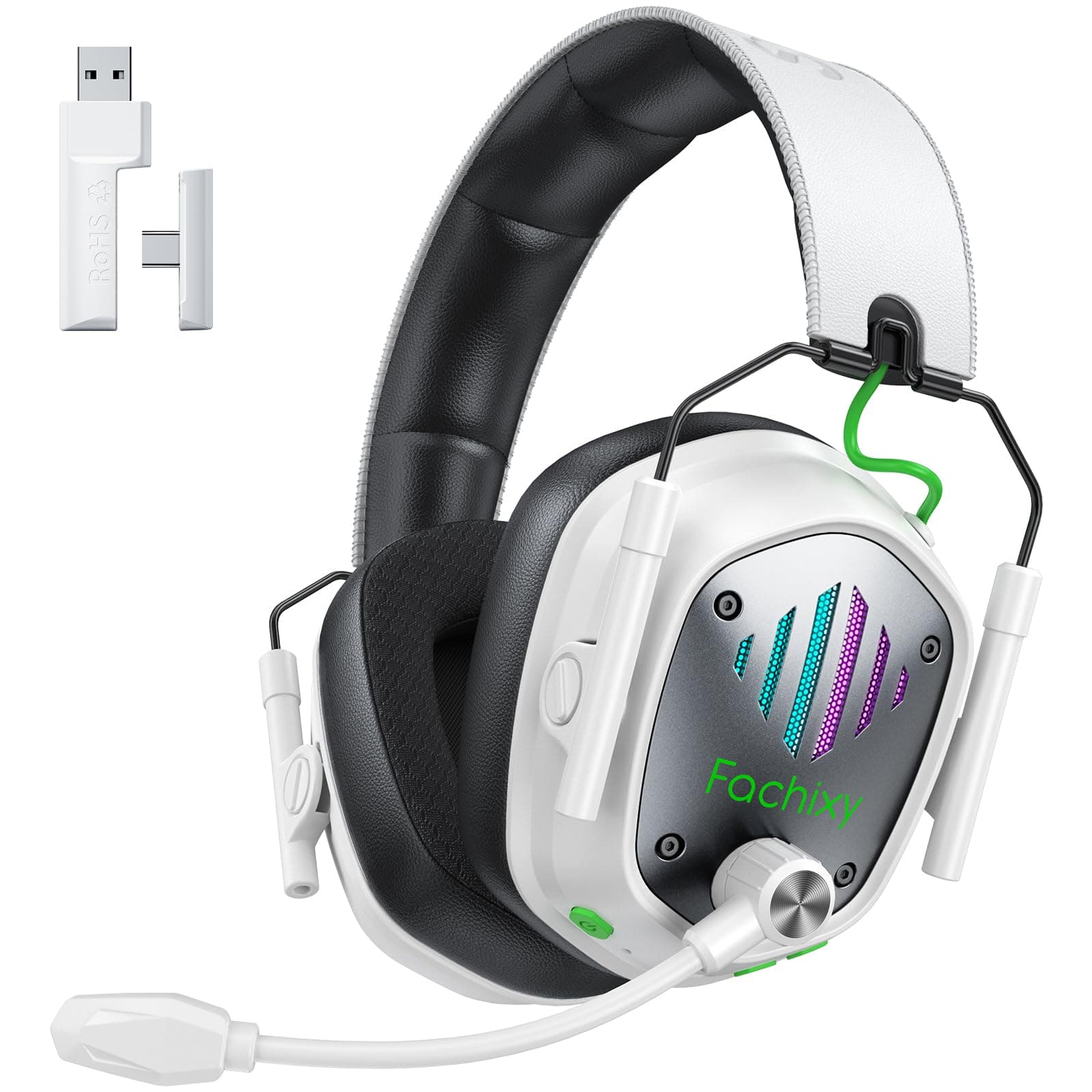 Fachixy Gaming Headset Wireless für PS4, PS5, Switch, PC, Mac, Laptop, 60H 2.4GHz Gaming Headset mit Noise Cancelling Mikrofon, Kabelloses Bluetooth kopfhörer mit LED-Lichtern, Surround Sound Weiß Angebot bei HelloDeals