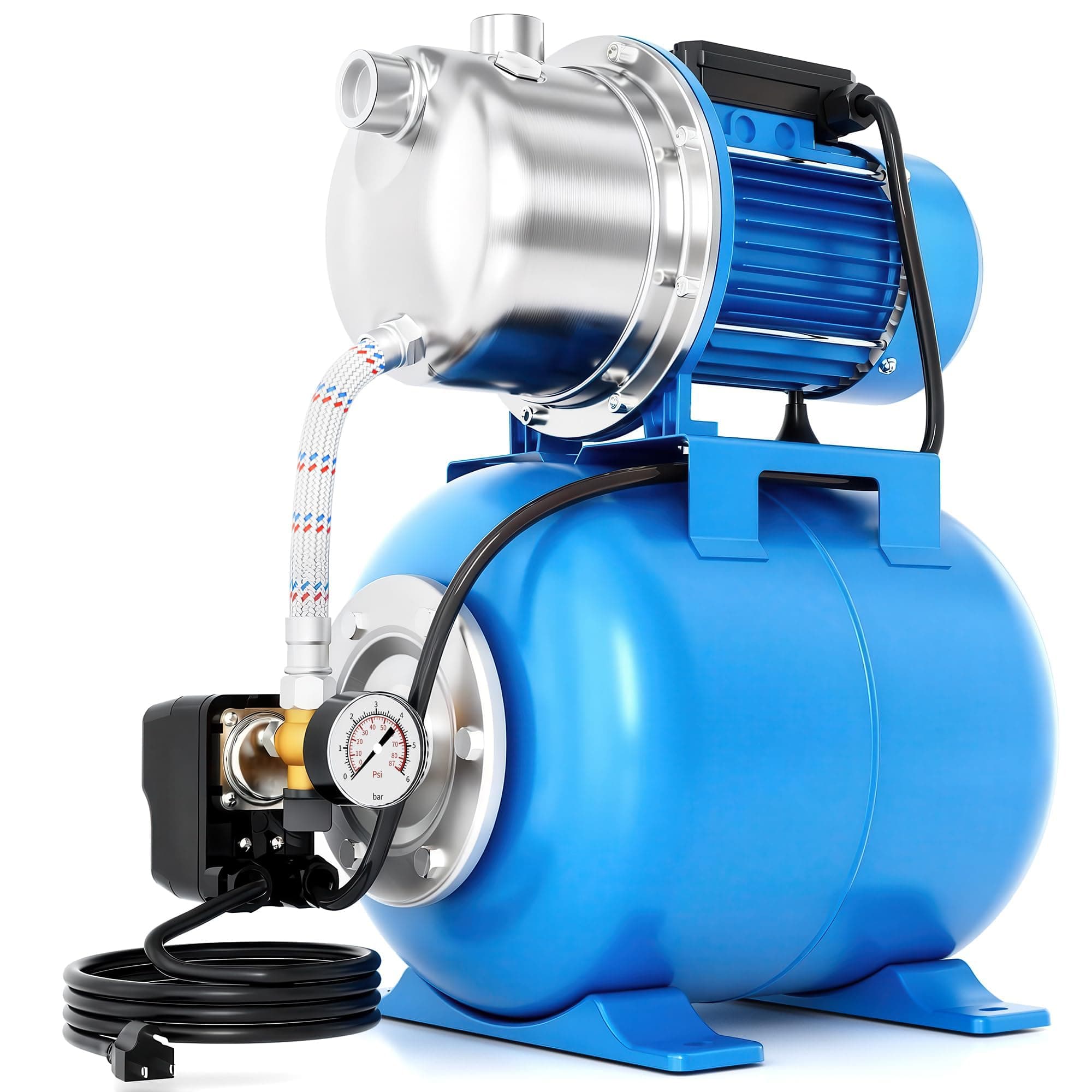 FOTING Hauswasserwerk INOX aus Edelstahl 1100 W, Fördermenge 4600 l/h, Förderhöhe bis 45 m, max. 4,5 bar Druck mit Manometer, 24 L Kessel, robuster Betrieb für Haus & Garten, sicher mit Überlastschutz Blau Angebot bei HelloDeals