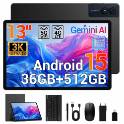 13 Zoll Tablet, 3K UHD 2944×1840 Dsiplay, 36GB RAM 512GB ROM/1TB TF, Helio G99, 90Hz, Dual SIM 4G LTE, WiFi 5G, Widevine L1/11580mAh/13MP/GPS, Android 15 Tablet mit Tastatur/Hülle/Maus/Stift Schwarz Angebot bei HelloDeals