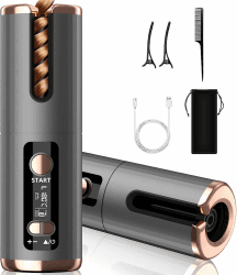 Lockenstab Automatisch Lockenstäbe Schnurlose Automatischer Rotierender mit 6 Temperaturstufen 150-200℃, 6 Timer, Akku USB Aufladen LCD-Anzeige für Kurze und Lange Haare Grau Angebot bei HelloDeals
