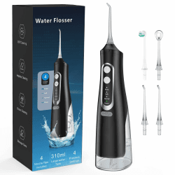 Leistungsstarke Munddusche Elektrischer Zahnreiniger 4 Modi & 4 Düsen Kabellose Munddusche IPX7 Wasserdicht Wasser Flosser 310ML Abnehmbarer Wassertank für Ten Heim- und Reisegebrauch M03 Schwarz Angebot bei HelloDeals