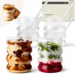 KIVY Trinkgläser 4er Set mit Glas Strohhalm - Für Eiskaffee, Wasser & Cocktails - Longdrinkgläser Set - Kaffee & Matcha Gläser - Kaffeegläser - Latte Macchiato Gläser (Bubble 350ml) Bubble 350ml ohne Deckel Angebot bei HelloDeals