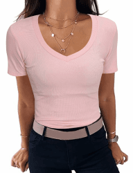Aottori Damen T-Shirt V-Ausschnitt Elegant Oberteile Kurzarm Gerippt Basic Tee Shirts Slim Fit Tshirt Stretch Casual Sommer Tops Rosa L Angebot bei HelloDeals