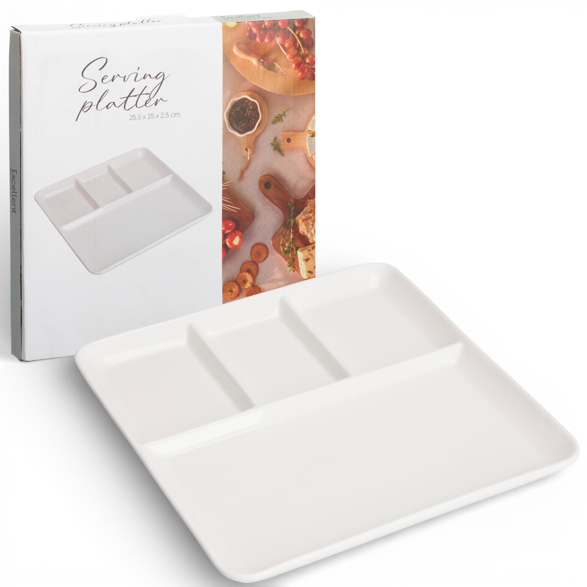 MIJOMA Porzellan-Snackteller 25,5 x 25 cm – 4-Fächer-Servierplatte im Quadrat – glatt glasiert und stabil – für Tapas, Fingerfood und Brunchmomente Angebot bei HelloDeals