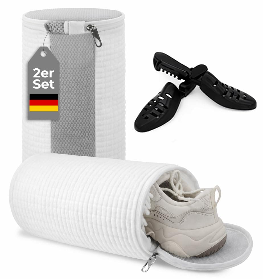 Schuhwaschbeutel Waschmaschine, 4-in-1, 2er Set mit Schuhspanner & Lock Reißverschluss, Schuhwaschbeutel, Wäschebeutel für Schuhe, 360° Reinigung, ideal für Sneaker (White+Grey) Angebot bei HelloDeals