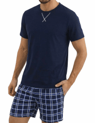 Demegimi Schlafanzug Herren Kurz Pyjama Set Baumwolle Sommer Shorty Nachtwäsche Kariert Pyjamaset Männer Blau L Angebot bei HelloDeals