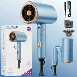 Ionen Haartrockner, 2000W Professionell Schnelltrocknend Föhn mit 3 Stufen Luftstrom, Kaltlufttaste, Hitzeschutz, Klappbar leicht Haartrockner mit Diffusor, Anti-Frizz Haarpflege für Zuhause & Reisen Blue Angebot bei HelloDeals