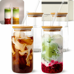 KIVY Trinkgläser mit Deckel und Strohhalm [4x 450ml] Eiskaffee, Wasser & Matcha Glas - Longdrinkgläser Set - Kaffee & Matcha Gläser mit Deckel und Strohhalm - Kaffeegläser - Hohe Cocktailgläser Standard 450ml mit Deckel Angebot bei HelloDeals