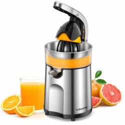 VINATO Elektrische Zitruspresse Edelstahl mit 2 Presskegeln – Automatische Orangenpresse & Zitronenpresse, Saftpresse Elektrisch mit Anti Tropf System, Leise für Maximale Saftausbeute Transparent And Silber Angebot bei HelloDeals