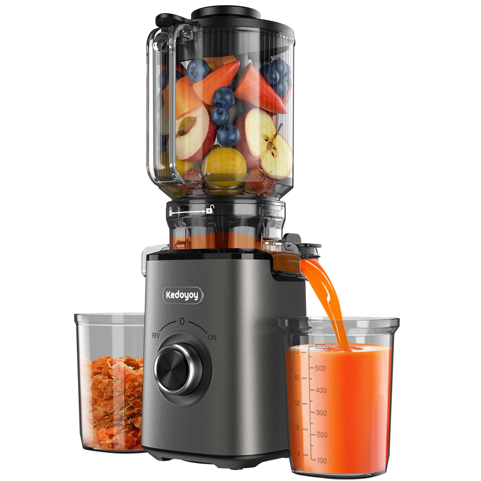 Entsafter Gemüse und Obst Testsieger, Slow Juicer mit 130 MM XL-Einfüllschacht, 600 mL Saftbehälter, Elektrische Juicer Machine für Familien, Gesundheitsbewusste Grau Angebot bei HelloDeals