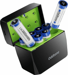 Oddtone 8er Pack 1,5 V AA Lithium-Akku mit Ladegerät, 3800 mWh hohe Kapazität für langanhaltende Leistung, 1600+ Ladezyklen, ideal für Digitalkameras, Spielcontroller und Spielzeug Angebot bei HelloDeals