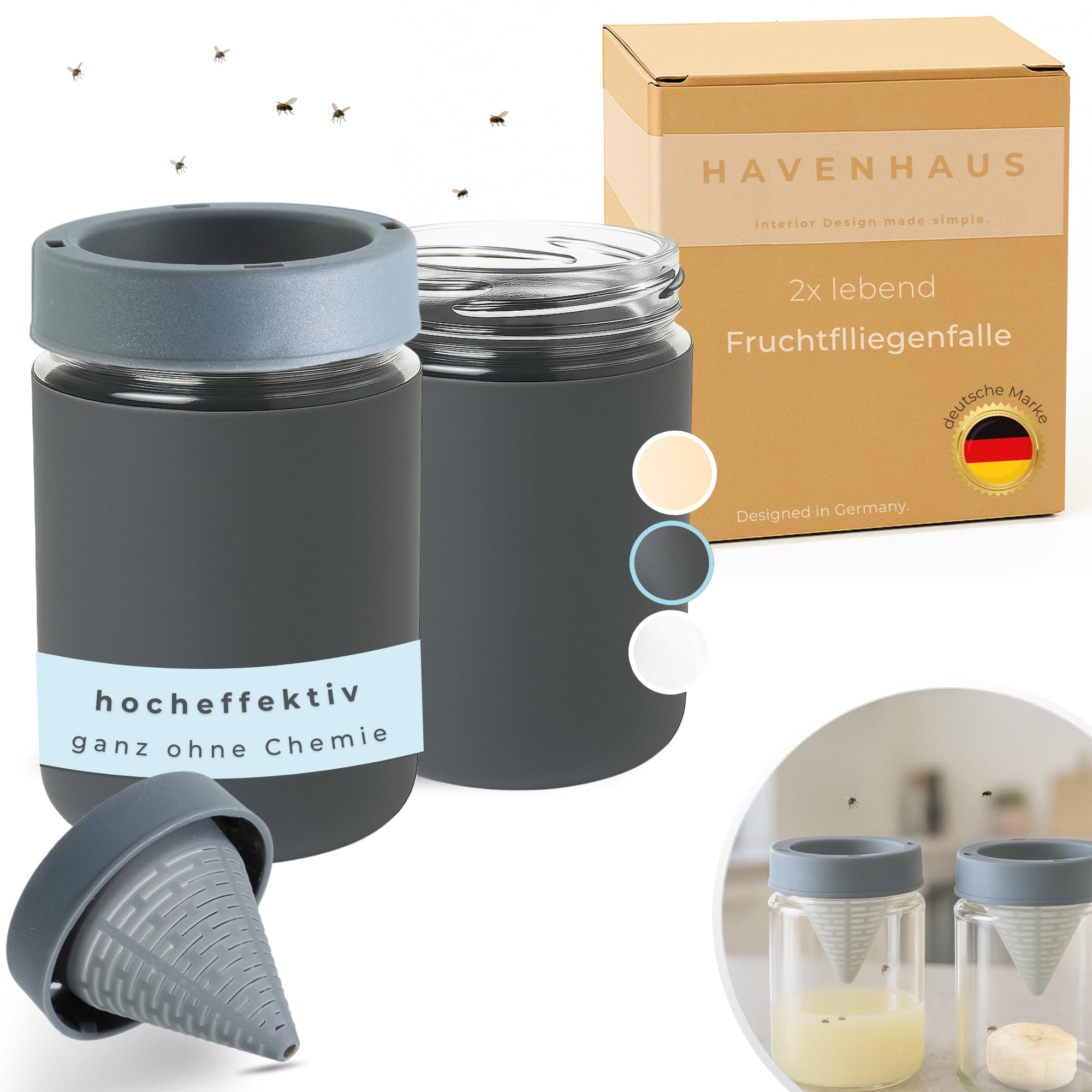 HAVENHAUS Fruchtfliegenfalle dunkelgrau wiederverwendbar 2er Set | Obstfliegenfalle für Küche | Fruchtfliegen dauerhaft loswerden | Fruit Fly Trap | Lebendfalle Fliegenfalle gegen Fruchtfliegen 2er Set dunkelgrau Angebot bei HelloDeals