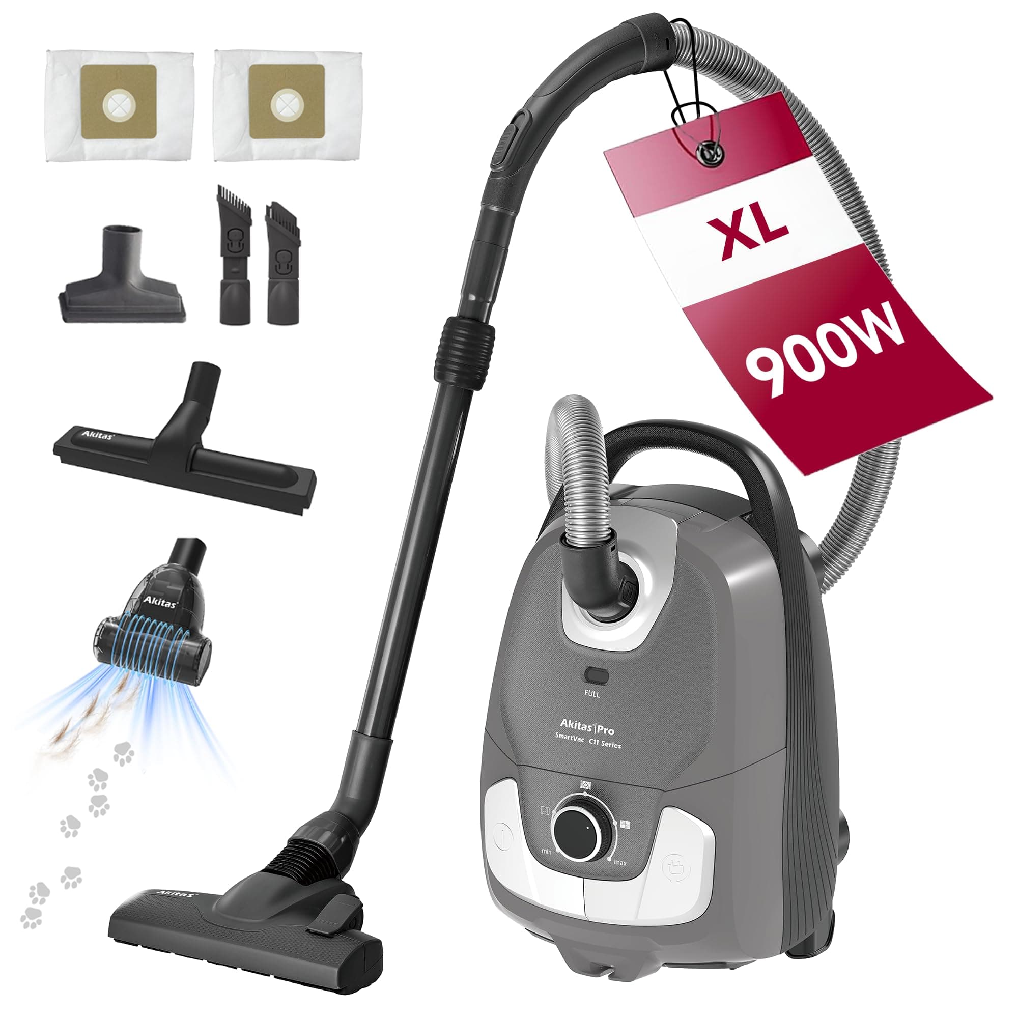Akitas C11 Pet 900W Staubsauger mit Beutel – inkl. zusätzlicher Turbo-Tierhaarbürste, 7 m Netzkabel & 10 m Arbeitsradius, verstellbare Saugkraft, große Kapazität, für Harte Böden & Teppiche C11 Turbo Angebot bei HelloDeals