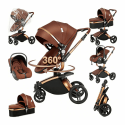 Magic ZC 360° Drehbarer PU-Leder Kinderwagen 3 in 1, Kombikinderwagen 3 in 1 Komplettset mit Umkehrbarem Zwei-Wege-Schub, Buggy mit Zubehör, Faltbarem Tragbarem One-Click-Design (906 Brown) 5 brown Angebot bei HelloDeals