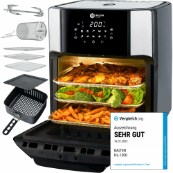 Balter Heißluftfritteuse Airfryer, 12 Liter XXL, Mini Backofen, Dörrautomat, Friteuse Heissluftfritteuse, 10 Programme, all-in-1 Air Fryer, Rezeptbuch, HL-1200 Angebot bei HelloDeals