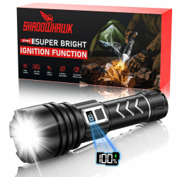 Shadowhawk Taschenlampe Led Aufladbar 1,000,000 LM - 50W Taktische Taschenlampe Extrem Hell, 1000m Weitschuss & 12H Laufzeit, IP67 LCD-Display flashlight für Survival/Outdoor/Camping, Mit Zündfunktion Schwarz Angebot bei HelloDeals