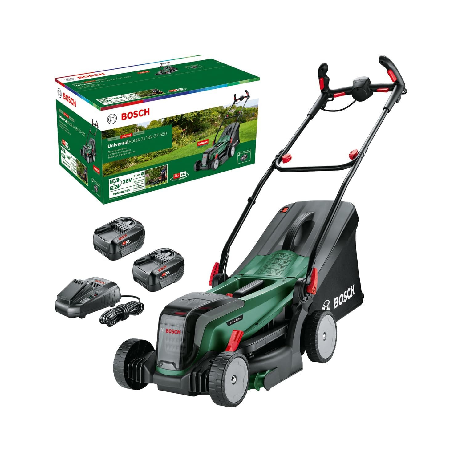 Bosch Akku-Rasenmäher UniversalRotak 2x18V-37-550 (bis zu 500 m2 mit 2X 4,0 Ah Akku); 18 Volt System; Schnittbreite: 37 cm; 2X 18V 4,0-Ah-Akku und Ladegerät mit 2 x 4.0 Ah Akku und Ladegerät UniversalRotak 2x18V Angebot bei HelloDeals