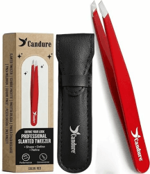 Candure Profi Schräg Pinzette für Herren & Damen – Präzisions Edelstahl Pinzetten zum Augenbrauen, Gesichts und Kinnhaare Zupfen, Eingewachsene Haare & Splitterentfernung mit Lederetui (Rot) Rot, 1 Stück Angebot bei HelloDeals