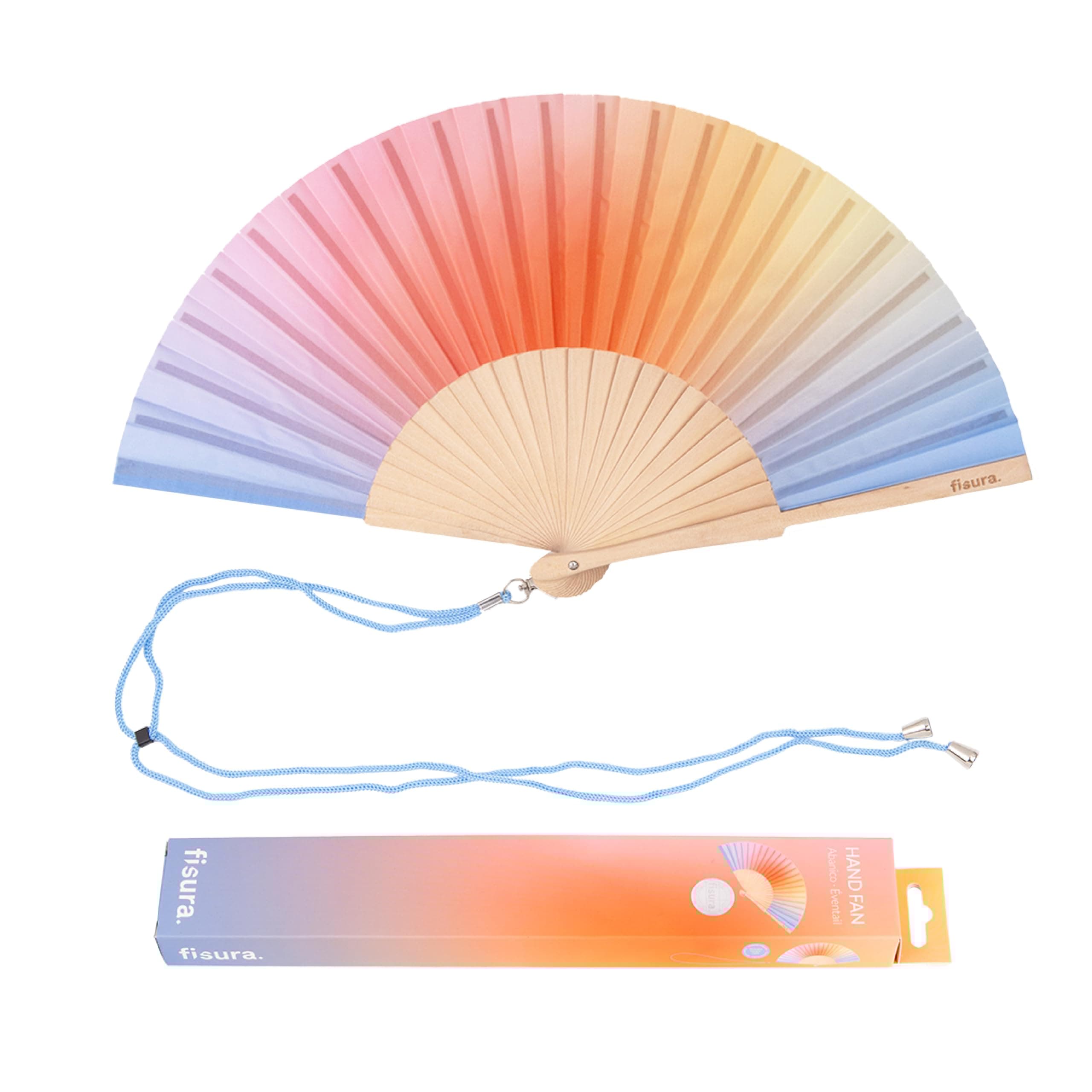 Fisura – Holzfächer mit blau-orangefarbenem Farbverlauf. Stilvolles, einzigartiges Accessoire für den Sommer, origineller Handventilator mit Aufhänger. Maße: 42,5 x 23 cm Farbverlauf, Blau und Orange Angebot bei HelloDeals