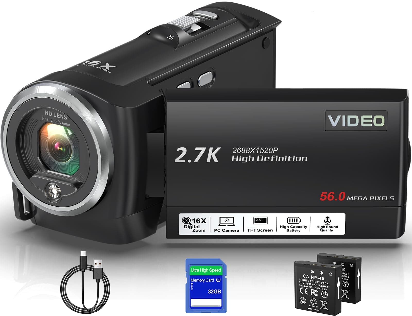 Videokamera 2.7K 56MP Camcorder 16X Digitalzoom Fülllicht Vlogging Camera Schwarz Angebot bei HelloDeals