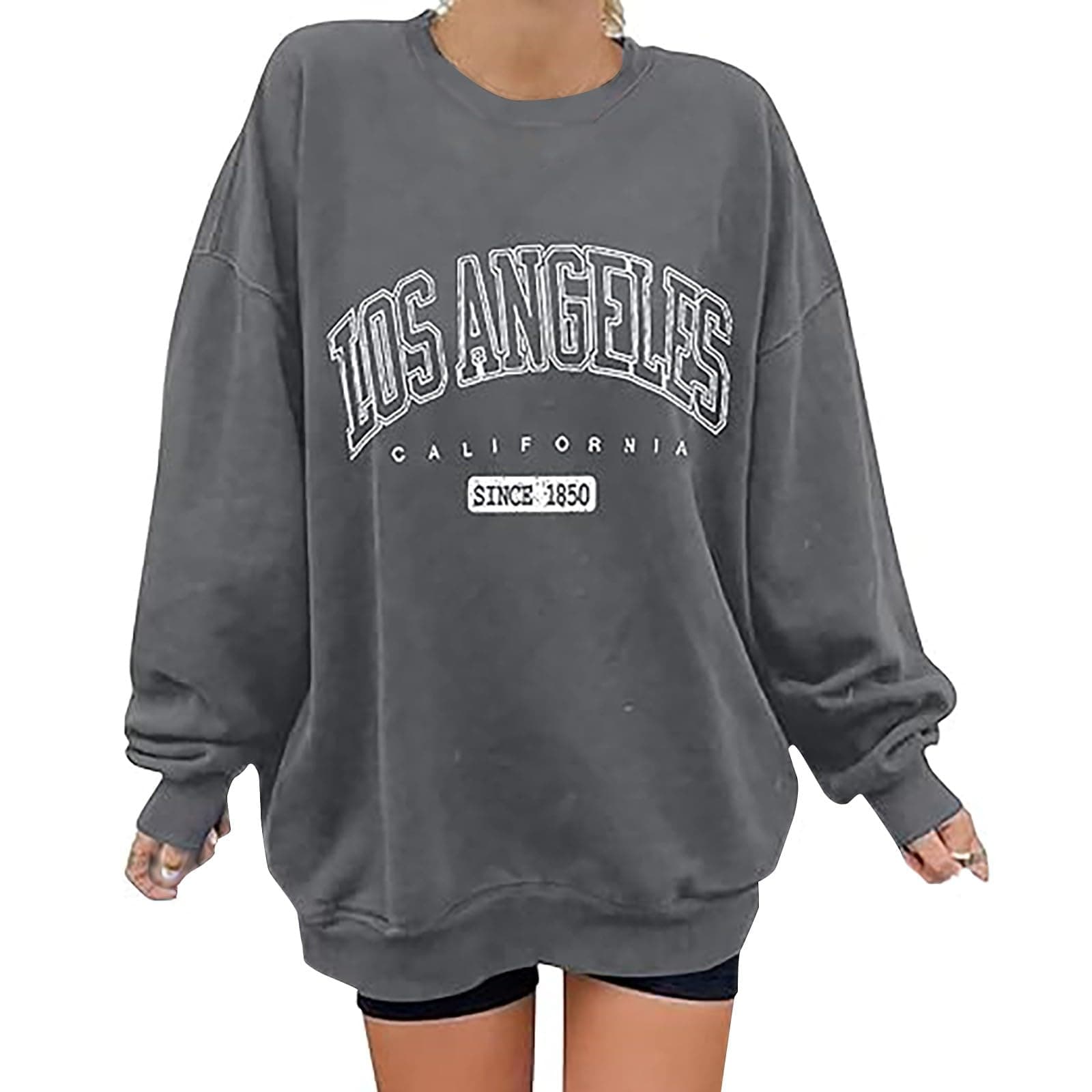 Pullover Damen Sweatshirt Damen Ohne Kapuze - Pulli Sweater Rundhals Oversize - mit Buchstaben Druck - Locker - Sweatshirts Streetwear Langarm - Einfarbig - Casual Y2K - Alltag 15 Dark Gray L Angebot bei HelloDeals
