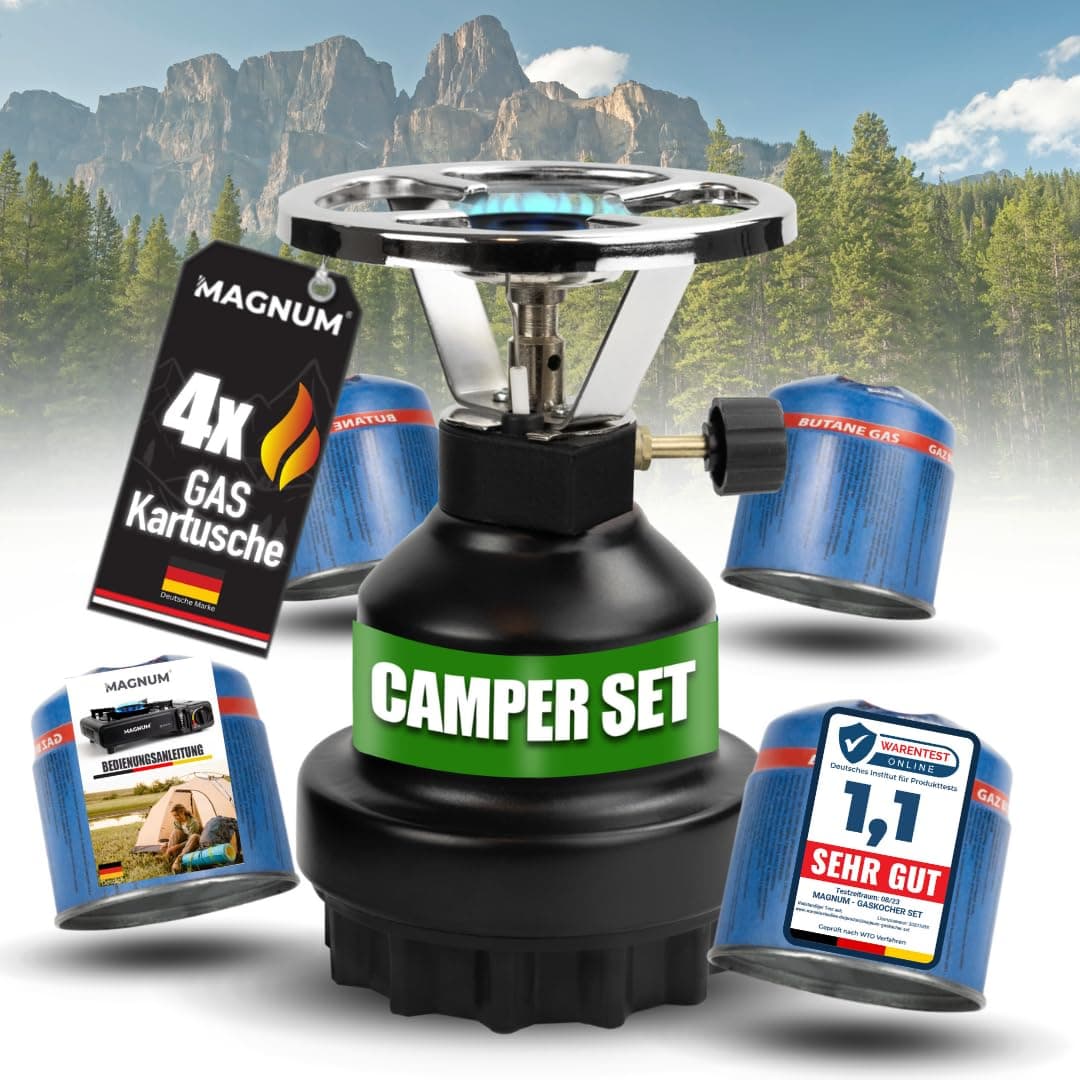 Magnum® Campingkocher inkl. 4 Gaskartuschen [Testnote: Sehr gut] Gaskocher schwarz - Camping Gaskocher stufenlos regulierbar - Gaskocher Camping (4 Kartuschen) Angebot bei HelloDeals