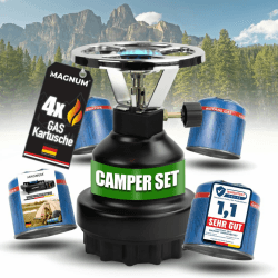 Magnum® Campingkocher inkl. 4 Gaskartuschen [Testnote: Sehr gut] Gaskocher schwarz - Camping Gaskocher stufenlos regulierbar - Gaskocher Camping (4 Kartuschen) Angebot bei HelloDeals