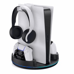 NEWDERY für PS5 /PS5 Slim /PS5 Pro Ständer, Dual-Controller-Ladestation mit RGB-Licht für PlayStation 5, Vertikaler Ständer für PlayStation 5 Digital/Disc-Konsole, Schwarz Angebot bei HelloDeals