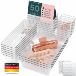 uandu Schubladen Organizer 50er mit 4 Größen für Küche, Bad & Büro | Transparent, Stapelbar, 100 Anti-Rutsch-Silikonpunkte, Badezimmer, Schminktisch, Kosmetik & Schmuck Angebot bei HelloDeals