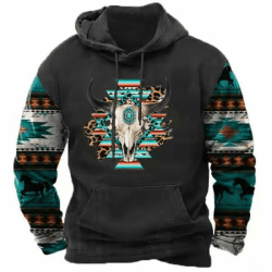 CLOAKA Herren Vintage Cowboy Hoodie Mode Ethnic Print Muster Kapuzenpullover Langarm Casual Sweatshirt mit Tasche Schwarz M Angebot bei HelloDeals