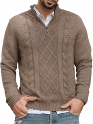 Les umes Herren Viertelreißverschluss Strickpullover Baumwolle Stehkragen Zopfmuster Lässig Warm Langarm Pullover Leichter Kaffee XL Angebot bei HelloDeals
