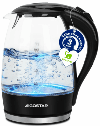 Aigostar Adam Wasserkocher Glas 1,7L (BPA-frei) | Verdicktes Borosilikatglas, 2200W, blaue LED-Beleuchtung, Teekocher & Wasserkessel, Kabellos, 360° Sockel, Abschaltautomatik, Schwarz Angebot bei HelloDeals
