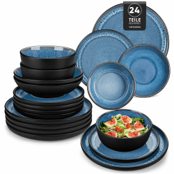 Geschirrset 6 Personen, vancasso PLAYA Steingut Geschirr set 24tlg für 6 Personen, Blau Tafelservice mit Teller set, Suppenteller, Schalen & Salattellern, Spülmaschinenfest, Mikrowellengeeignet Blau Geschirrset 24-teilig Angebot bei HelloDeals